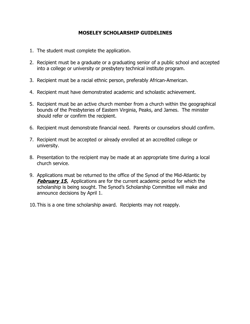 Moseley Scholarship Guidelines