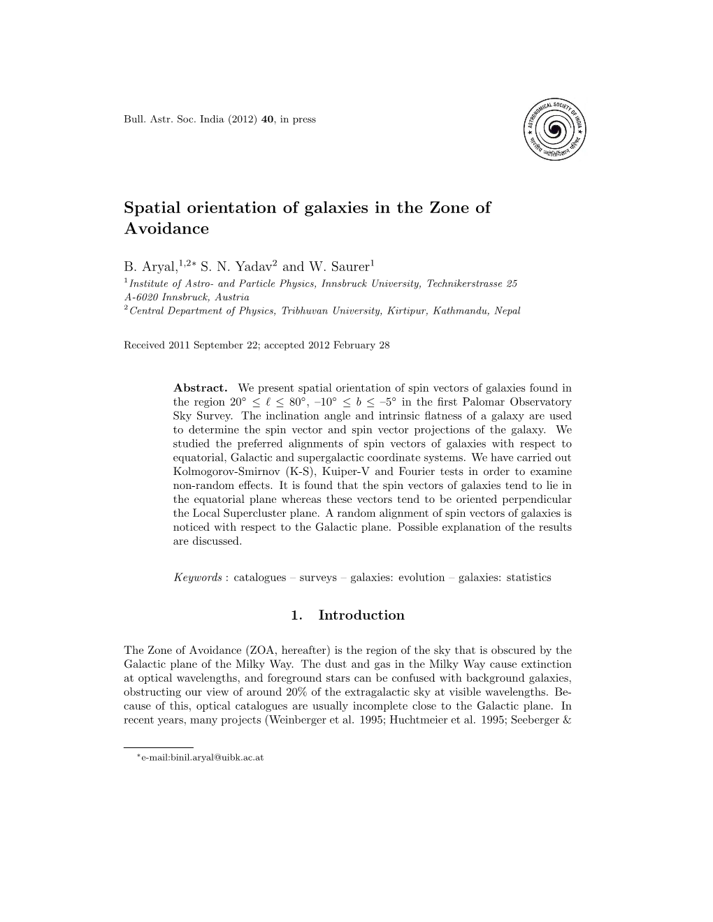 Spatial Orientation of Galaxies in the Zone of Avoidance