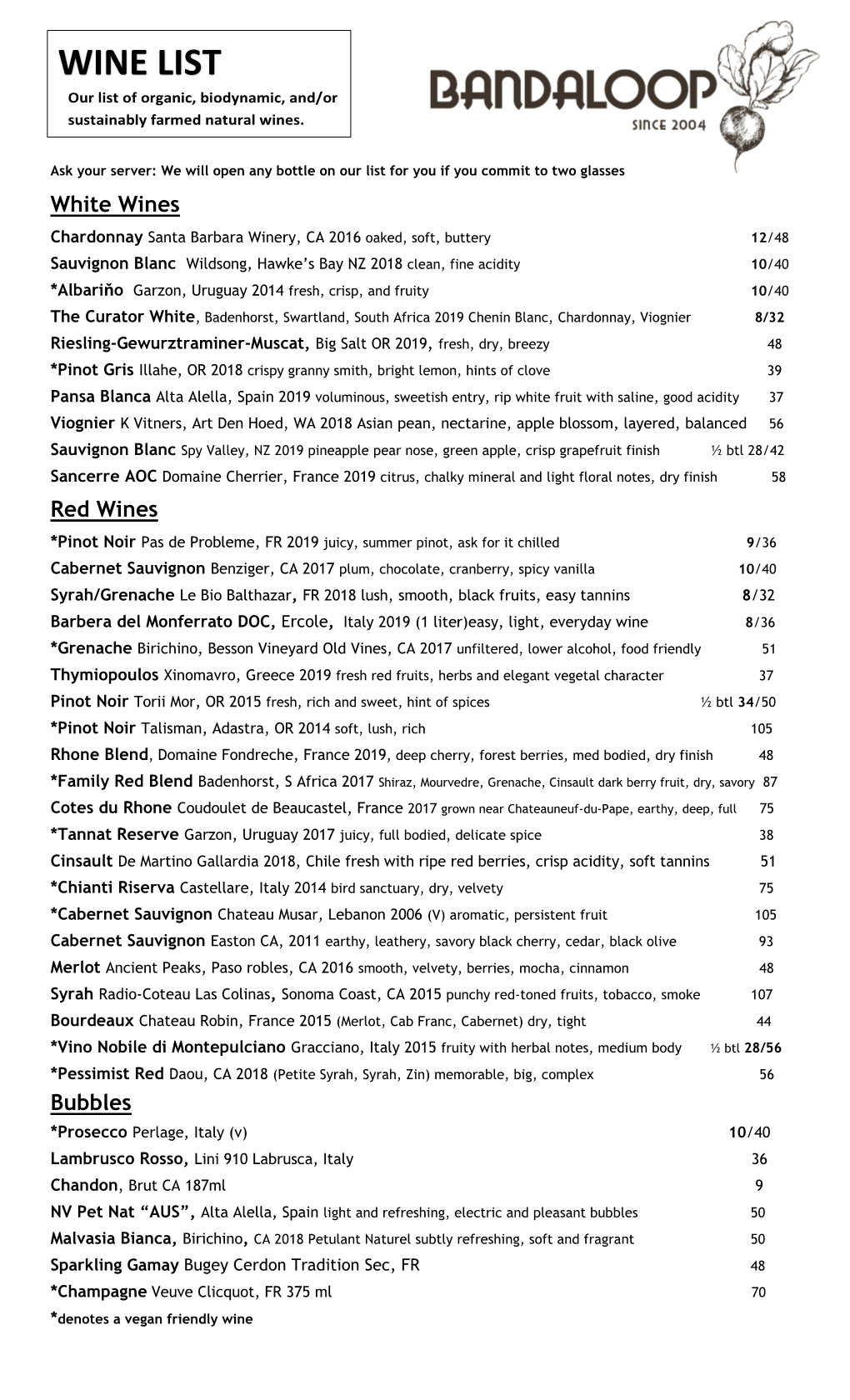 WINE LIST Our List of Organic, Biodynamic, And/Or Sustainably Farmed Natural Wines