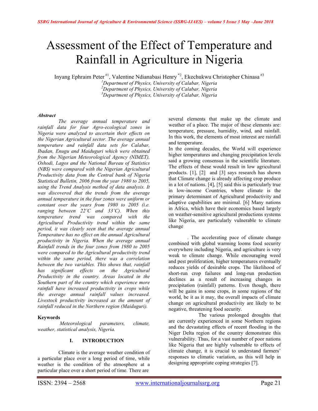 Assessment of the Effect of Temperature and Rainfall in Agriculture in Nigeria