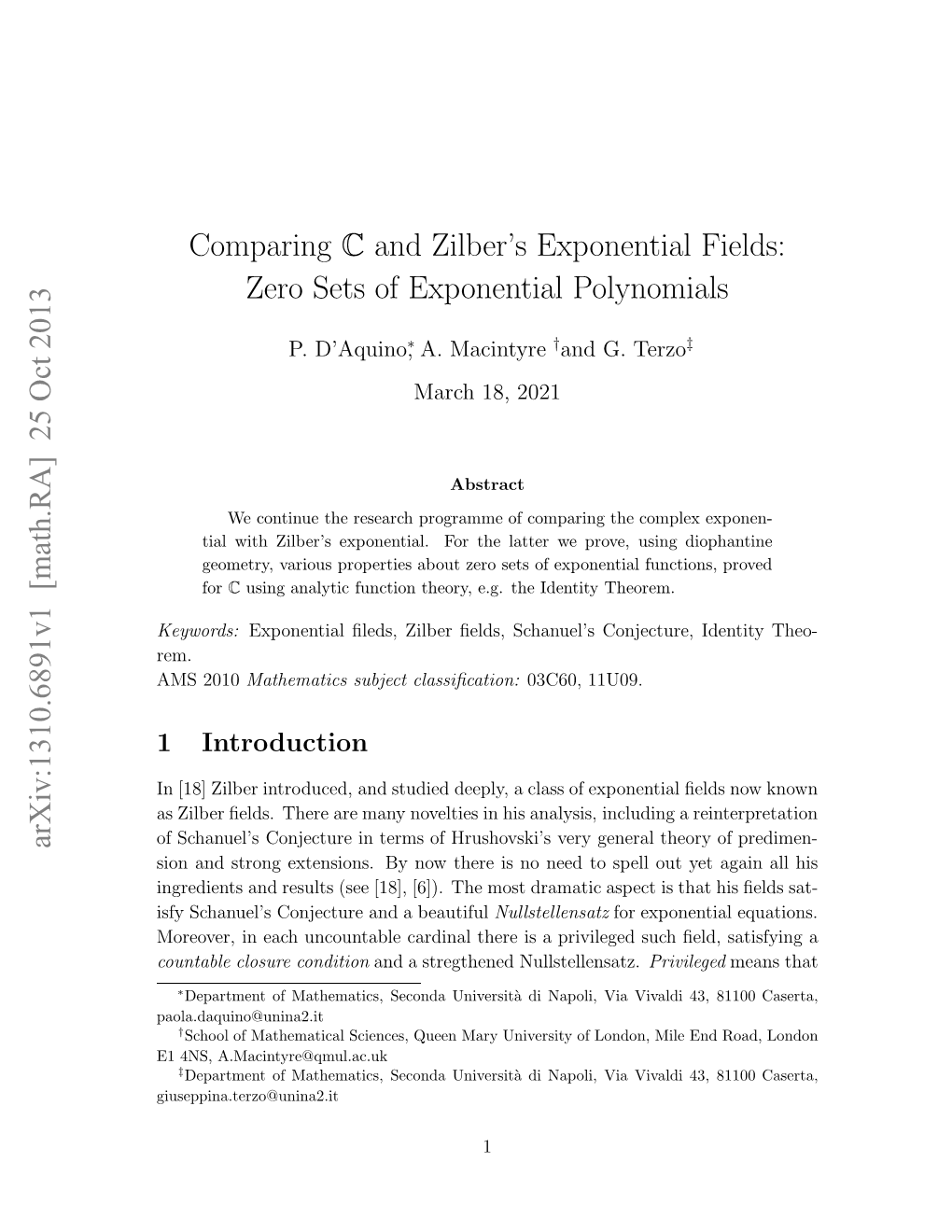 Comparing C and Zilber Exponential Fields, Zero Sets of Exponential