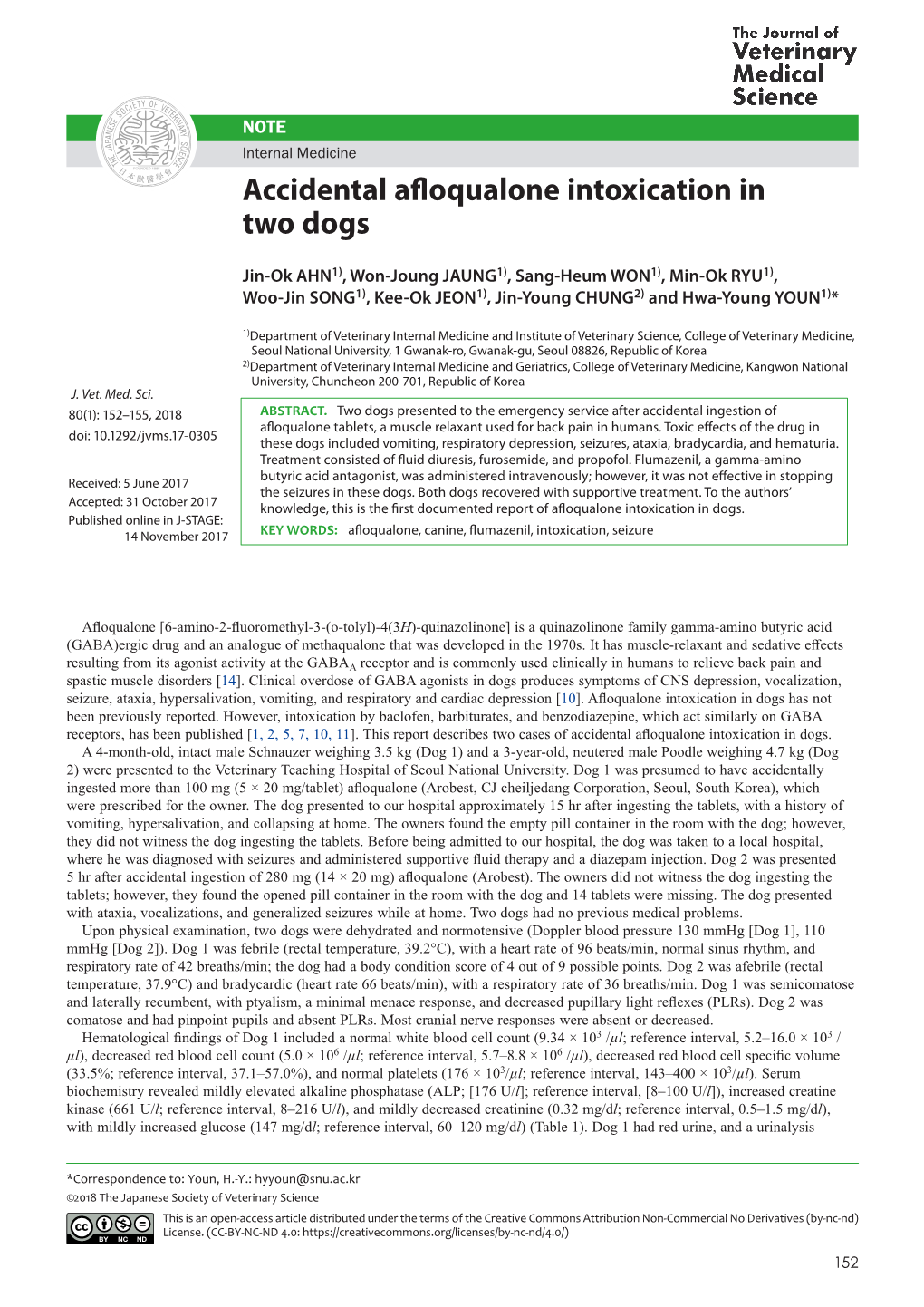 Accidental Afloqualone Intoxication in Two Dogs