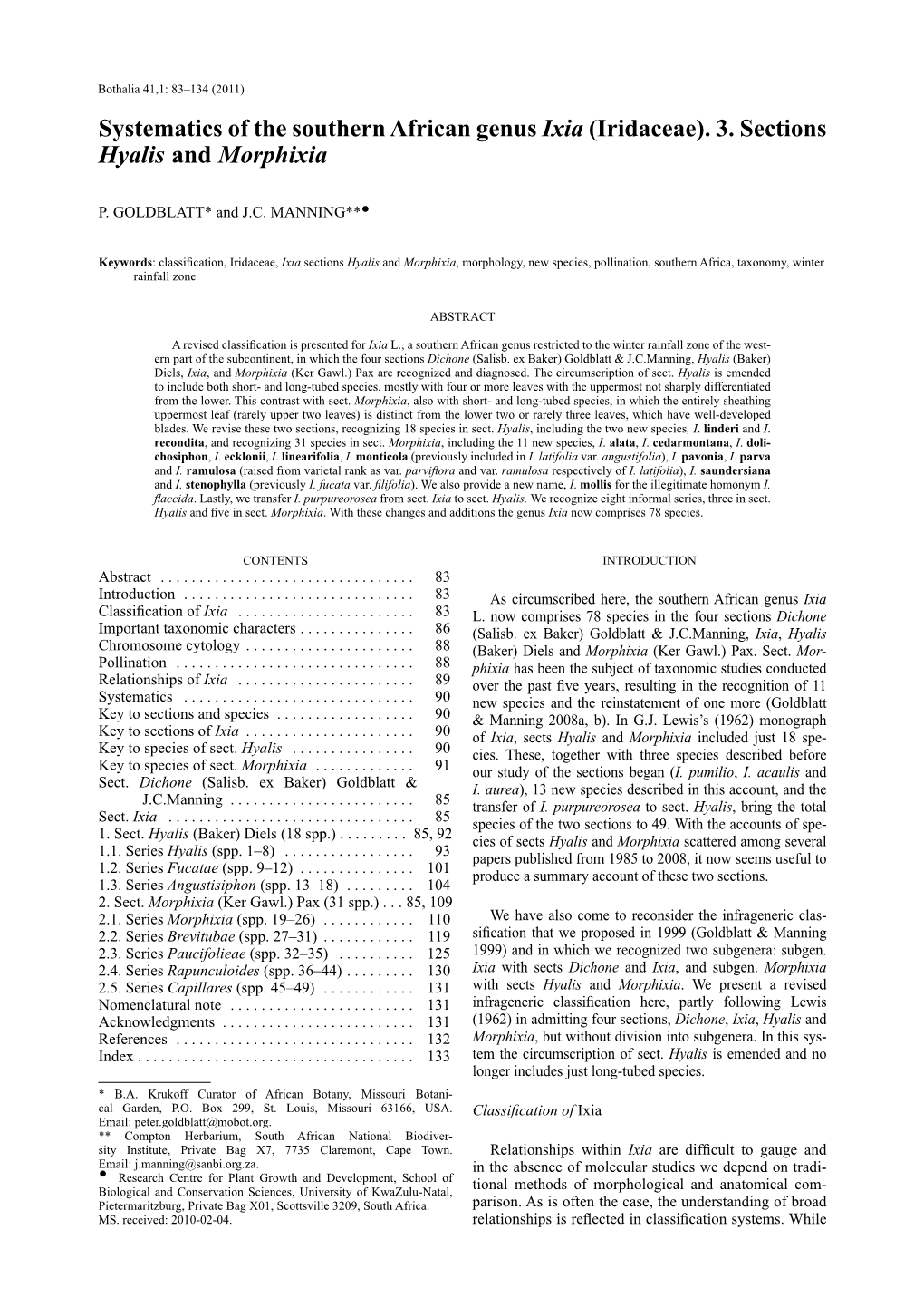 Systematics of the Southern African Genus Ixia (Iridaceae)