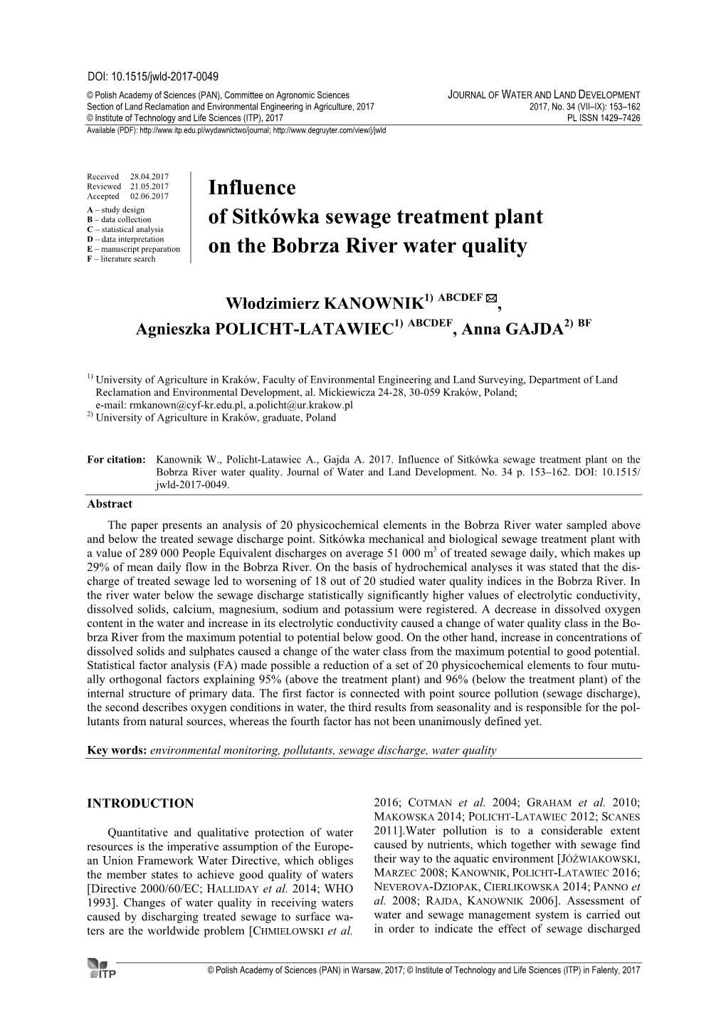 Influence of Sitkówka Sewage Treatment Plant on the Bobrza River Water Quality