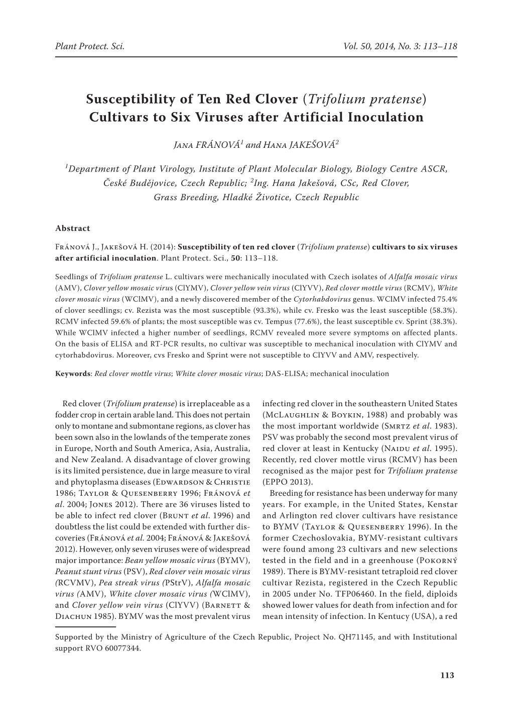 (Trifolium Pratense) Cultivars to Six Viruses After Artificial Inoculation