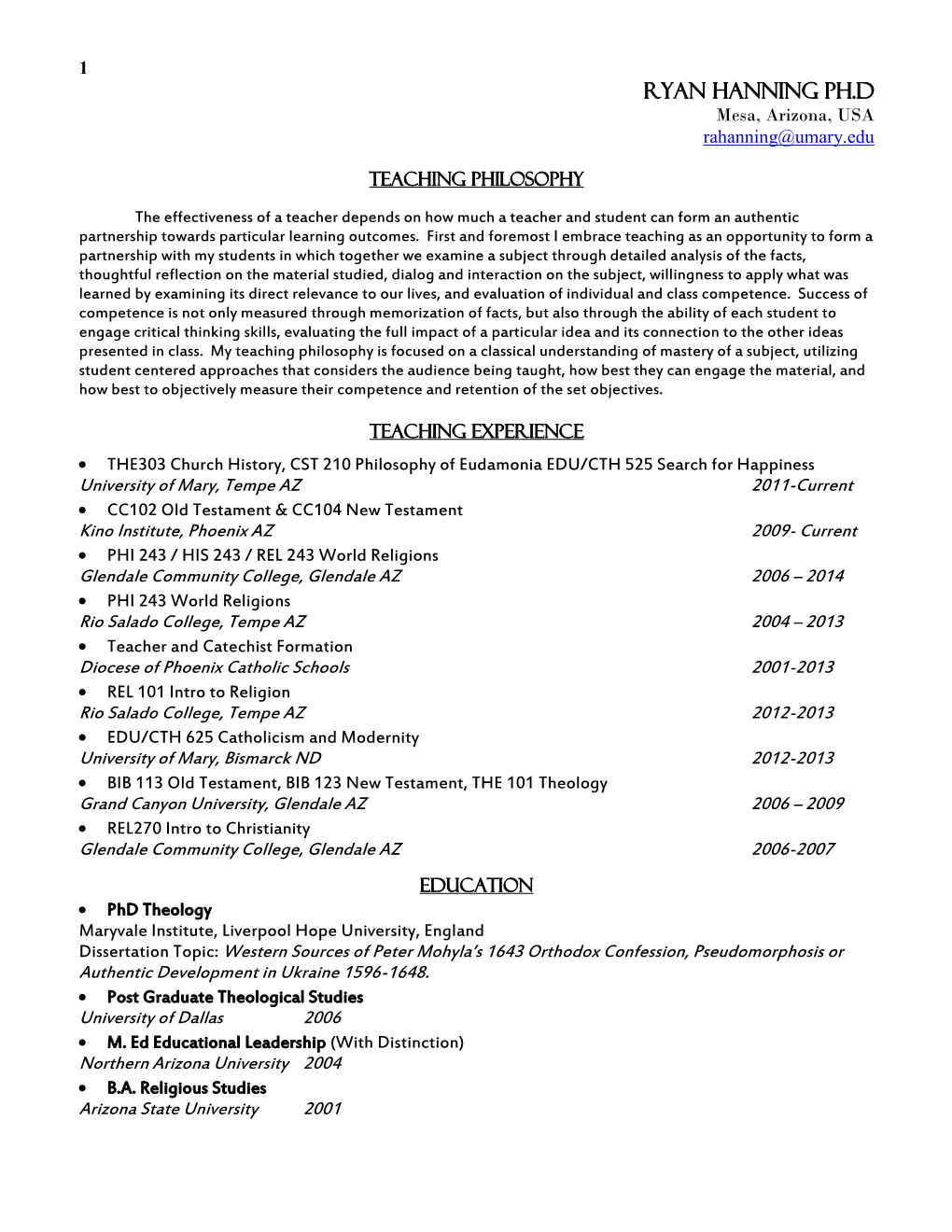 Ryan Hanning Ph.D Mesa, Arizona, USA Rahanning@Umary.Edu