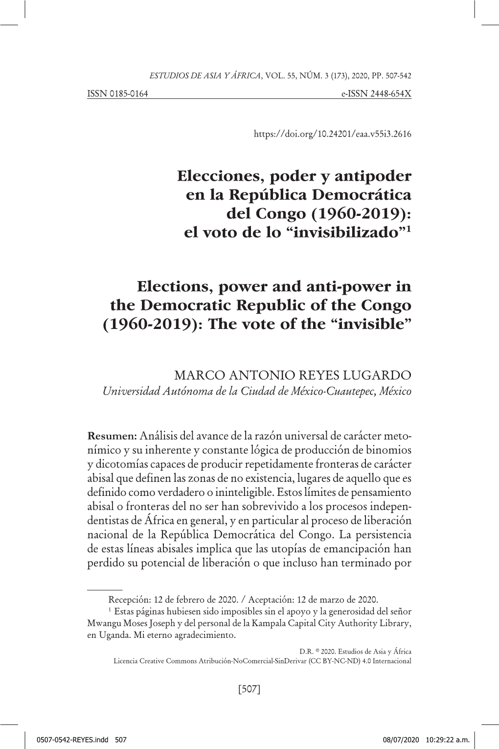 Elecciones, Poder Y Antipoder En La República Democrática Del Congo (1960-2019): El Voto De Lo “Invisibilizado”1