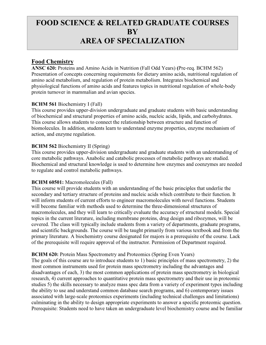 Food Science & Related Graduate Courses by Area