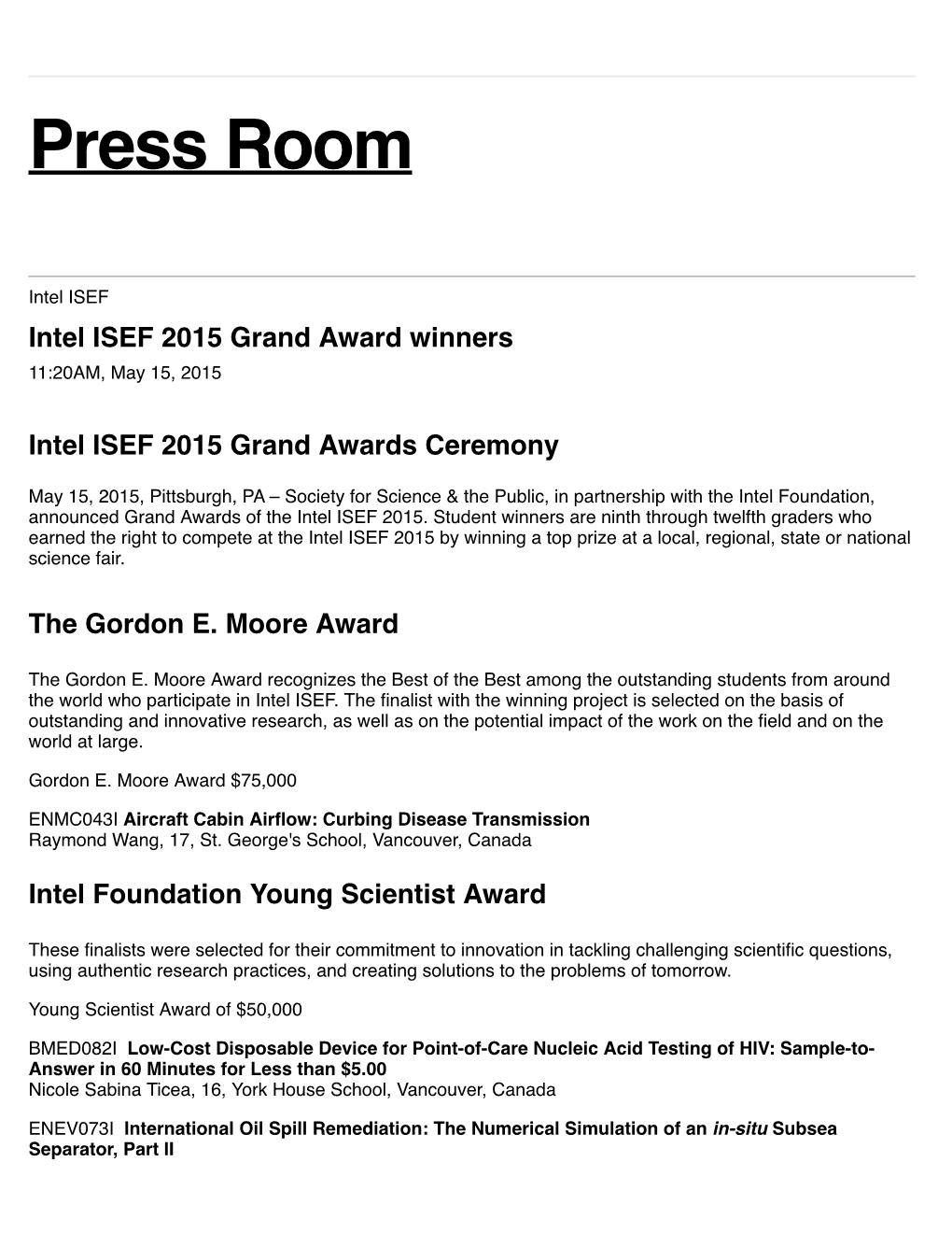 Intel ISEF 2015 Grand Award Winners 11:20AM, May 15, 2015