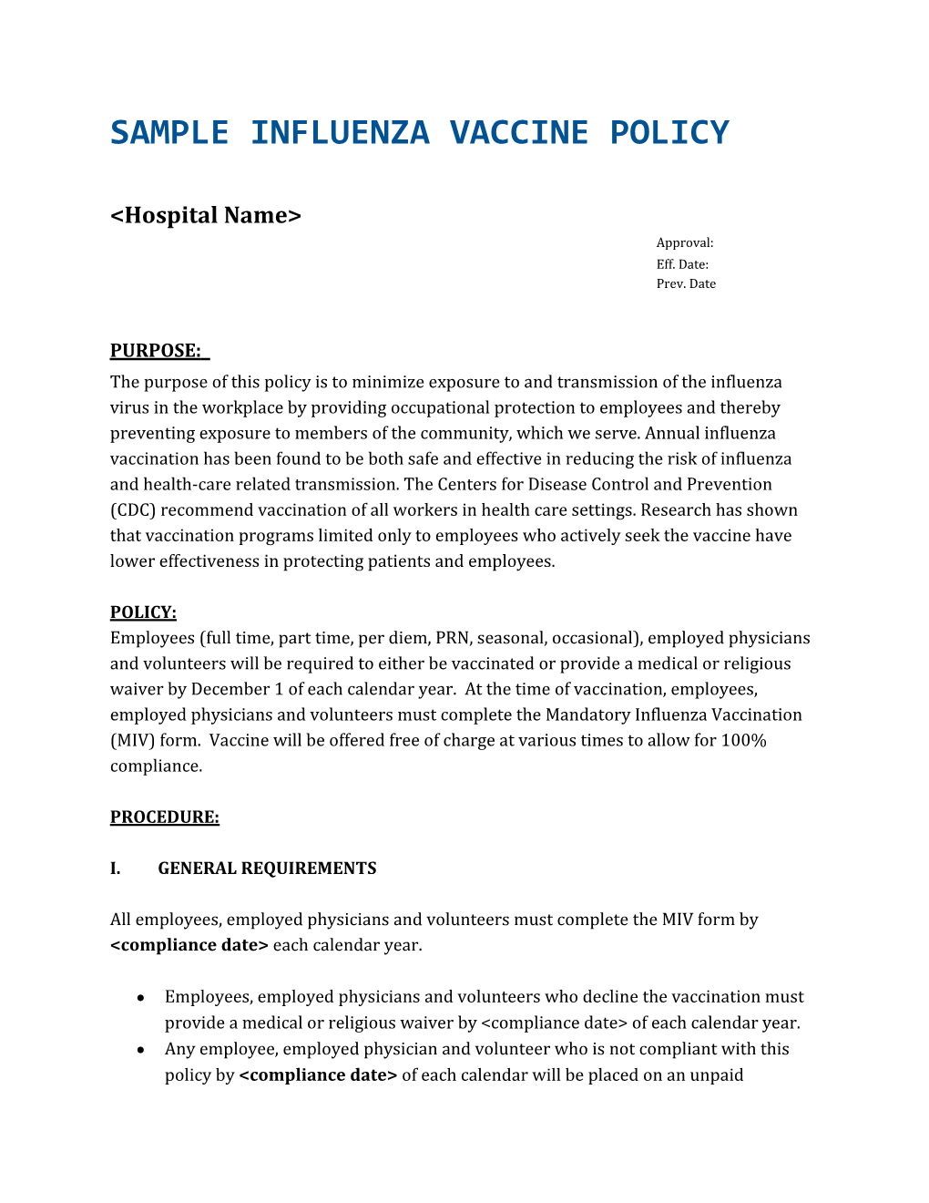 Sample Influenza Vaccine Policy