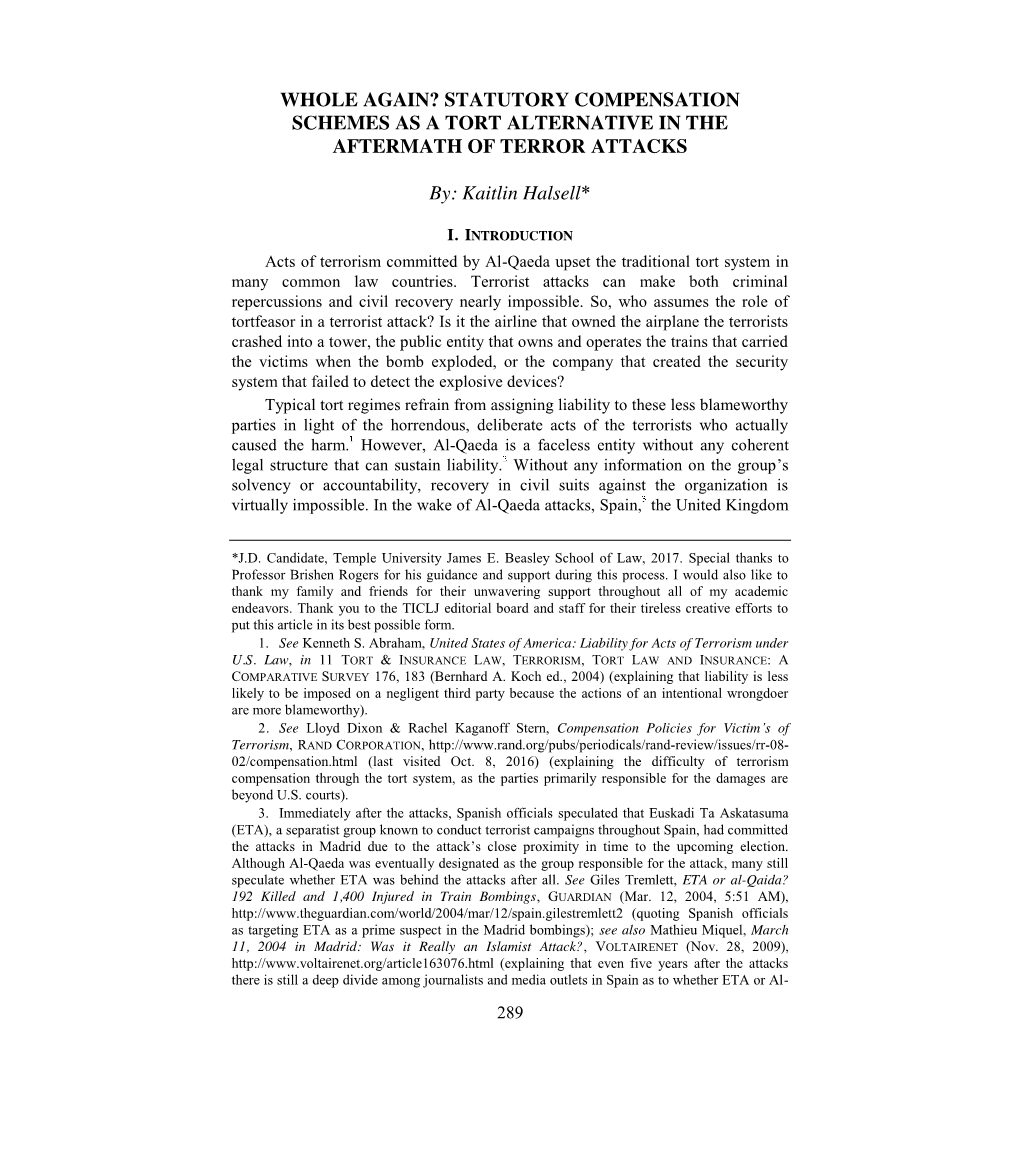 Whole Again? Statutory Compensation Schemes As a Tort Alternative in the Aftermath of Terror Attacks