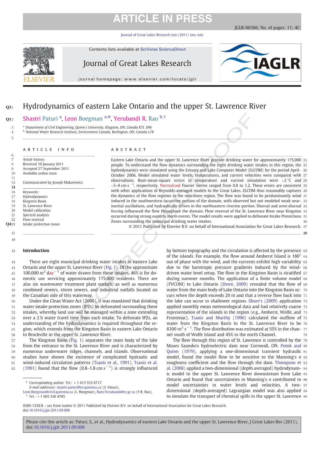 Hydrodynamics of Eastern Lake Ontario and the Upper St. Lawrence River