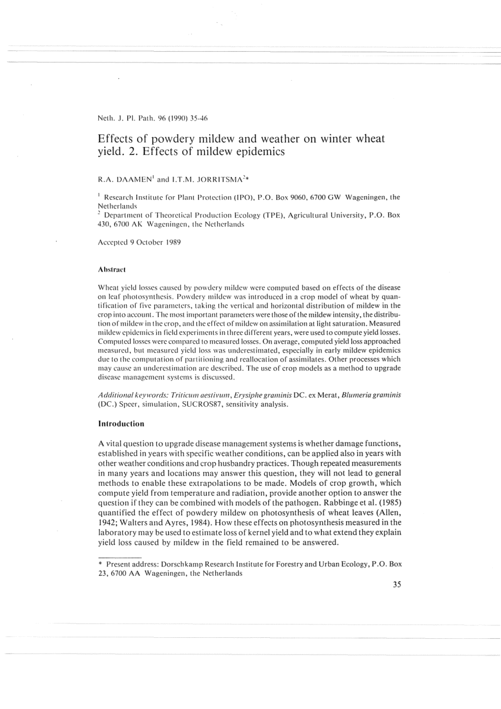 Effects of Powdery Mildew and Weather on Winter Wheat Yield. 2. Effects of N1ildew Epidemics