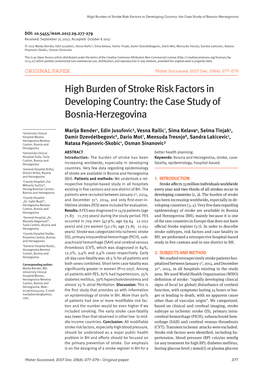 High Burden of Stroke Risk Factors in Developing Country: the Case Study of Bosnia-Herzegovina