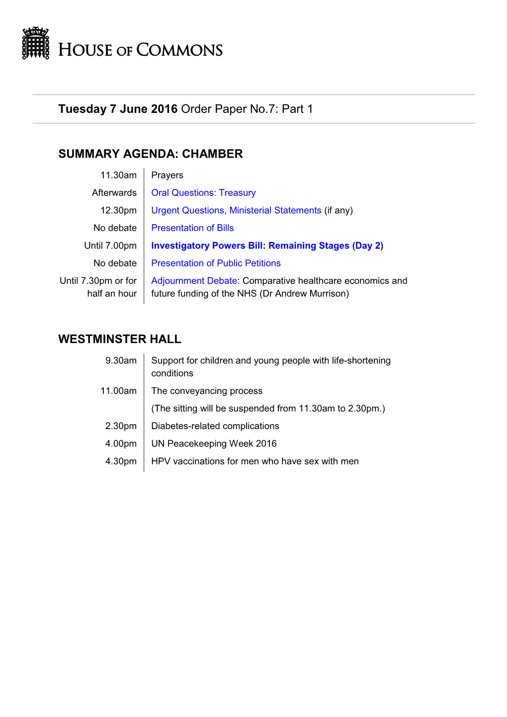 Tuesday 7 June 2016 Order Paper No.7: Part 1 SUMMARY AGENDA