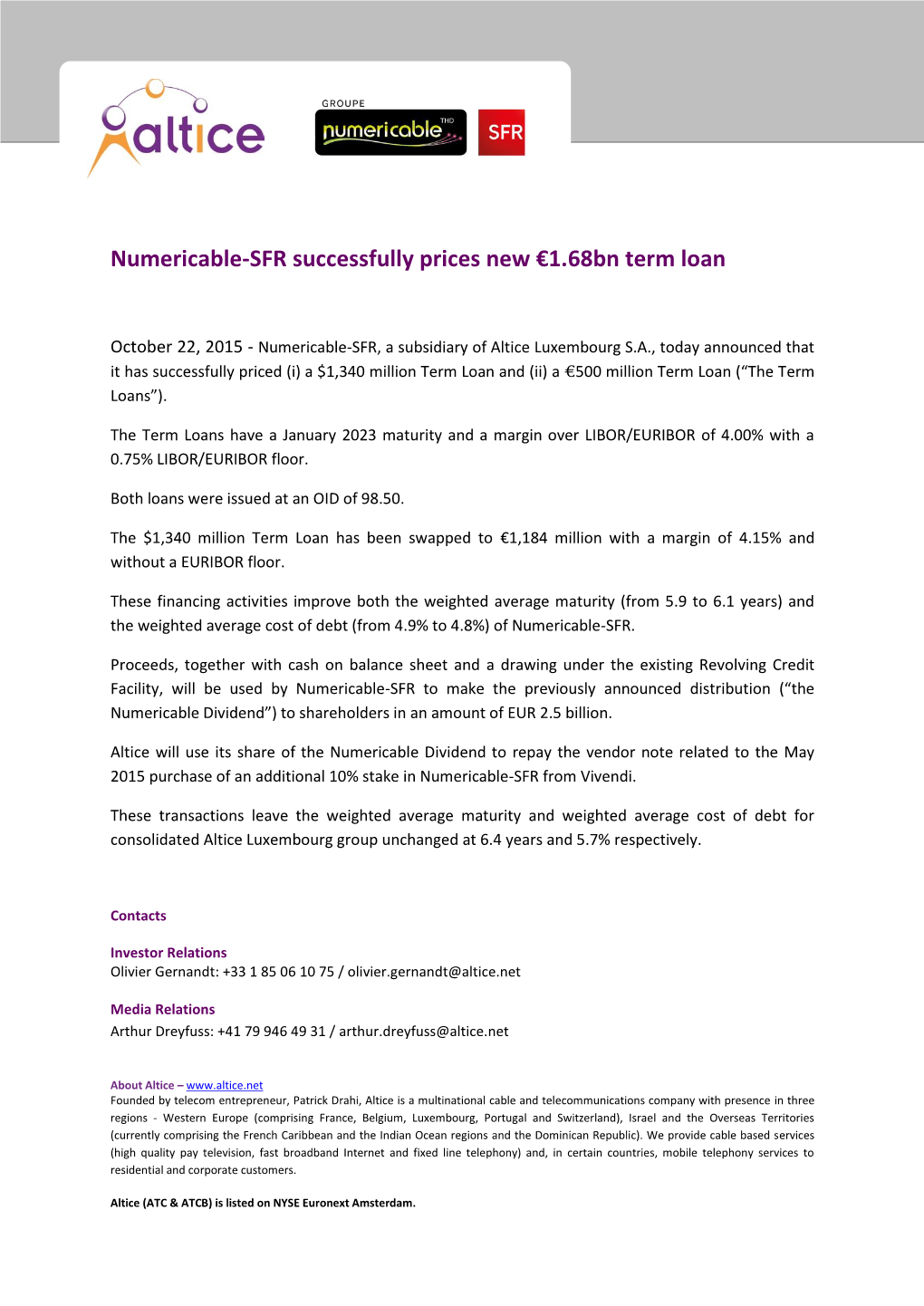 Numericable-SFR Successfully Prices New €1.68Bn Term Loan