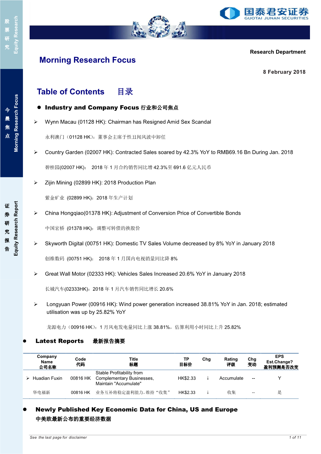 Morning Research Focus Table of Contents 目录