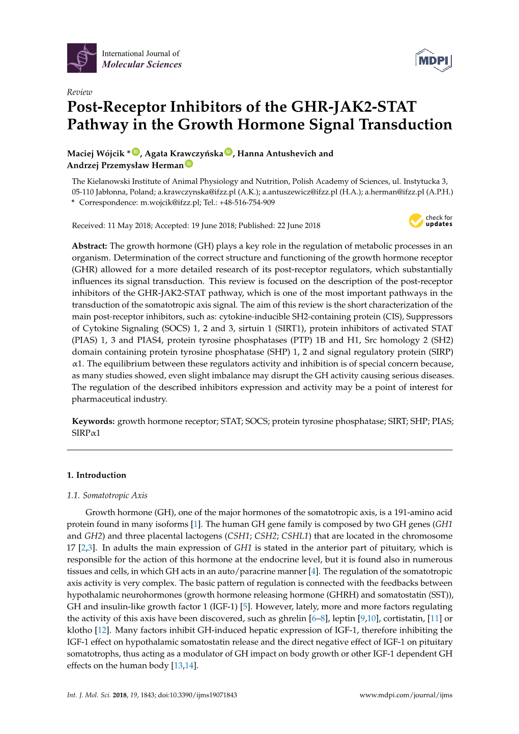 Post-Receptor Inhibitors of the GHR-JAK2-STAT Pathway in the Growth Hormone Signal Transduction