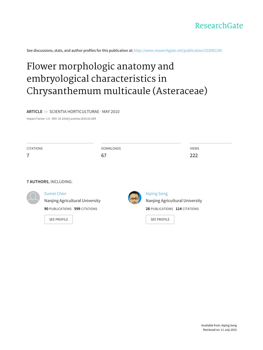 Flower Morphologic Anatomy and Embryological Characteristics in Chrysanthemum Multicaule (Asteraceae)