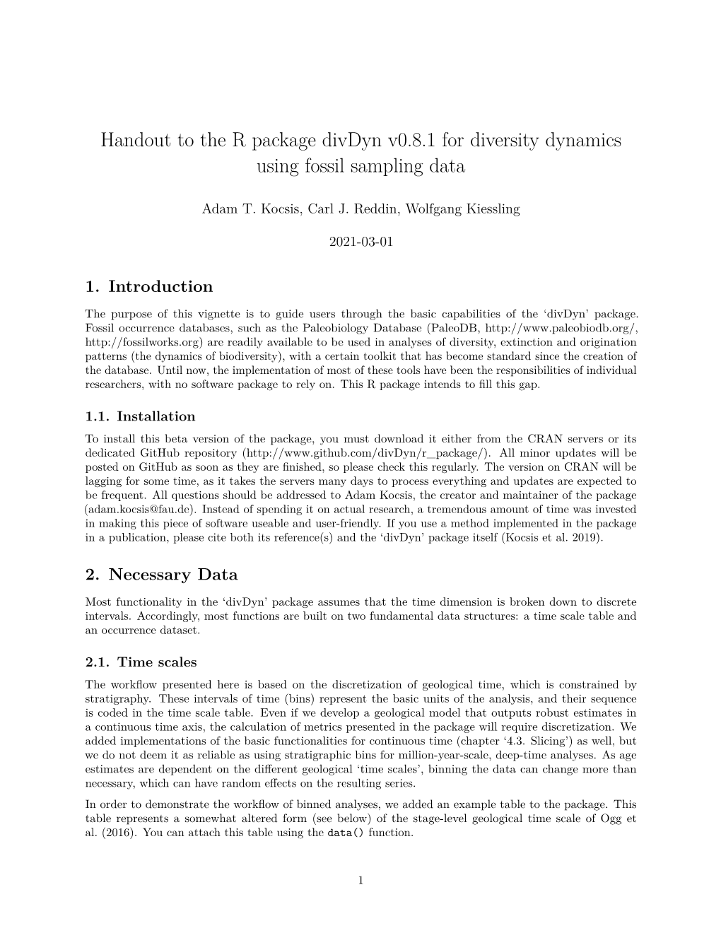 Handout to the R Package Divdyn V0.8.1 for Diversity Dynamics Using Fossil Sampling Data