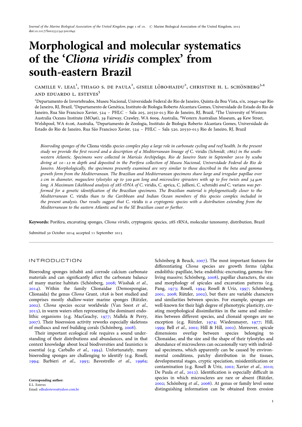 Cliona Viridis Complex’ from South-Eastern Brazil Camille V