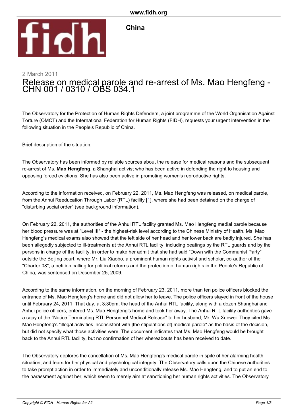 Release on Medical Parole and Re-Arrest of Ms. Mao Hengfeng - CHN 001 / 0310 / OBS 034.1