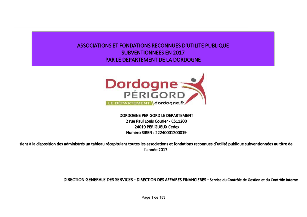 Associations Et Fondations Reconnues D'utilite Publique Subventionnees En 2017 Par Le Departement De La Dordogne