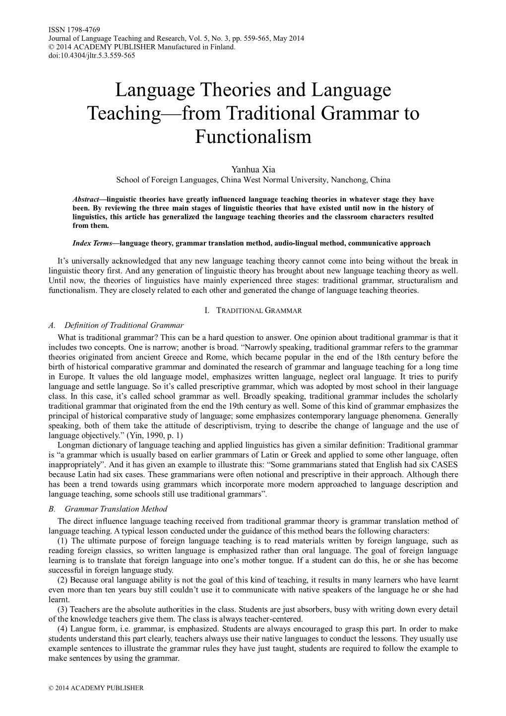 Language Theories and Language Teaching—From Traditional Grammar to Functionalism