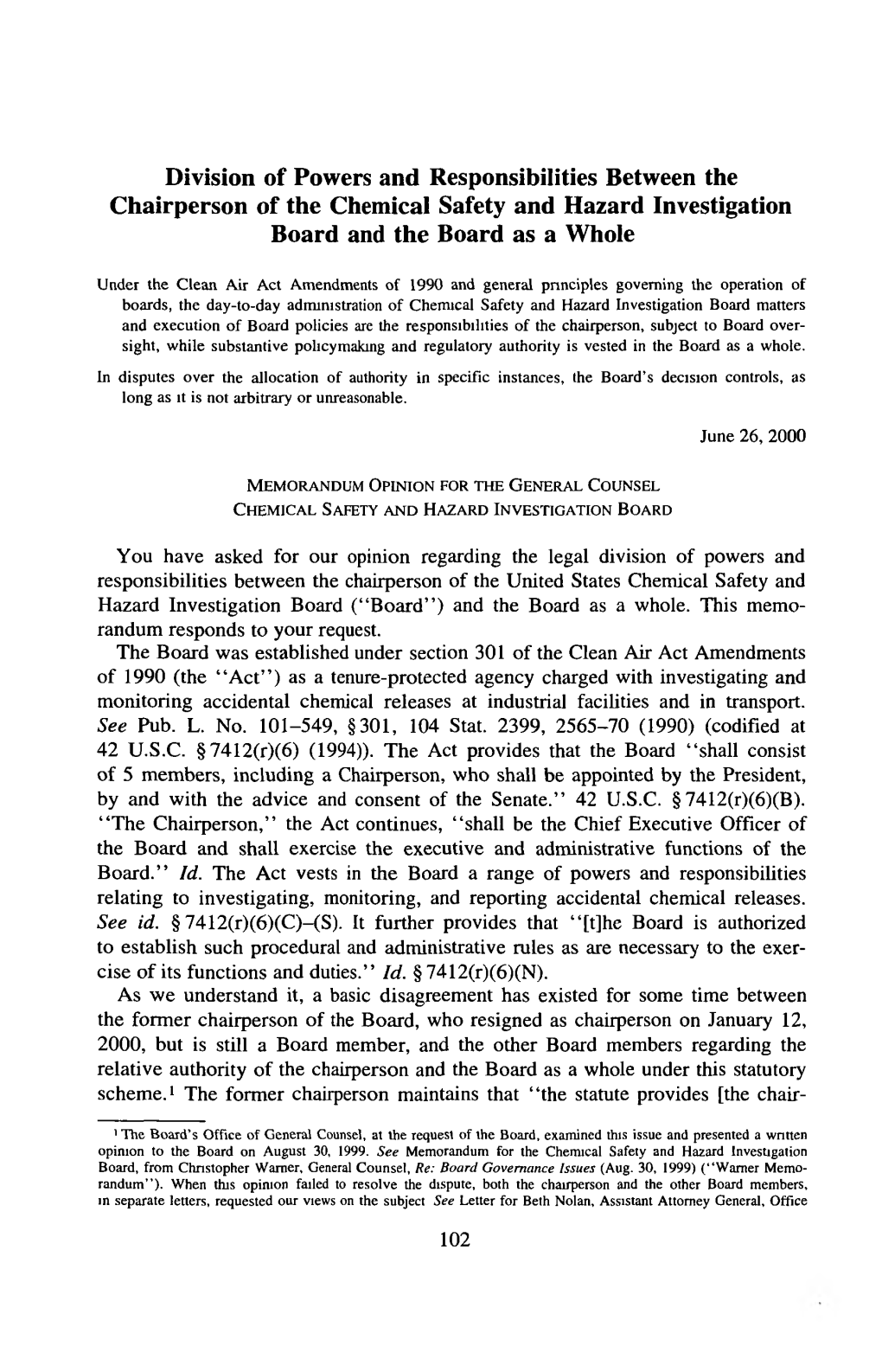 Division of Powers and Responsibilities Between the Chairperson of the Chemical Safety and Hazard Investigation Board and the Board As a Whole