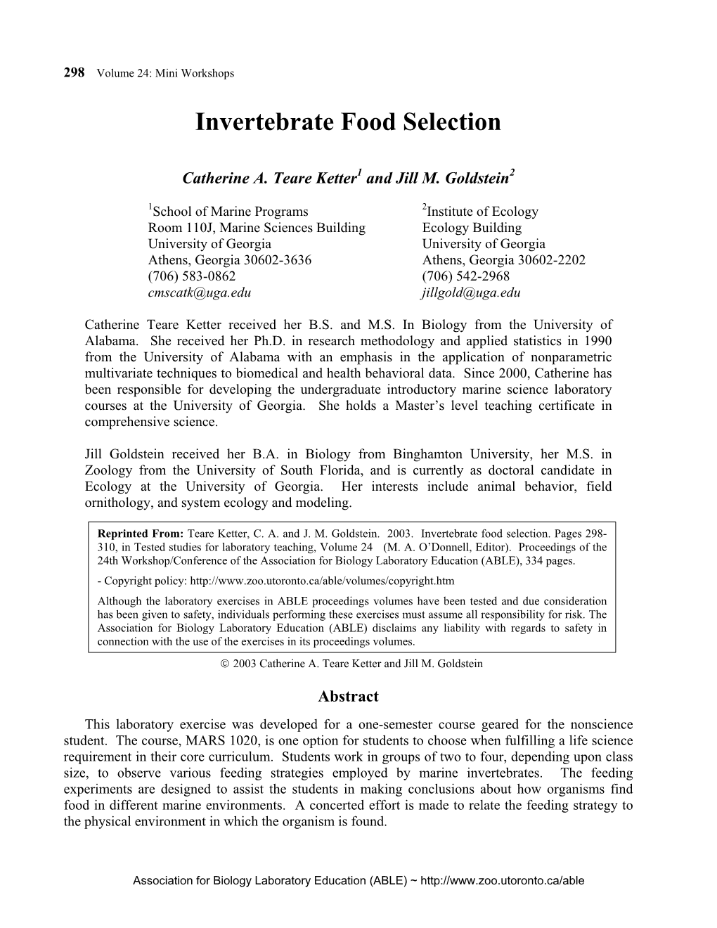 Invertebrate Food Selection