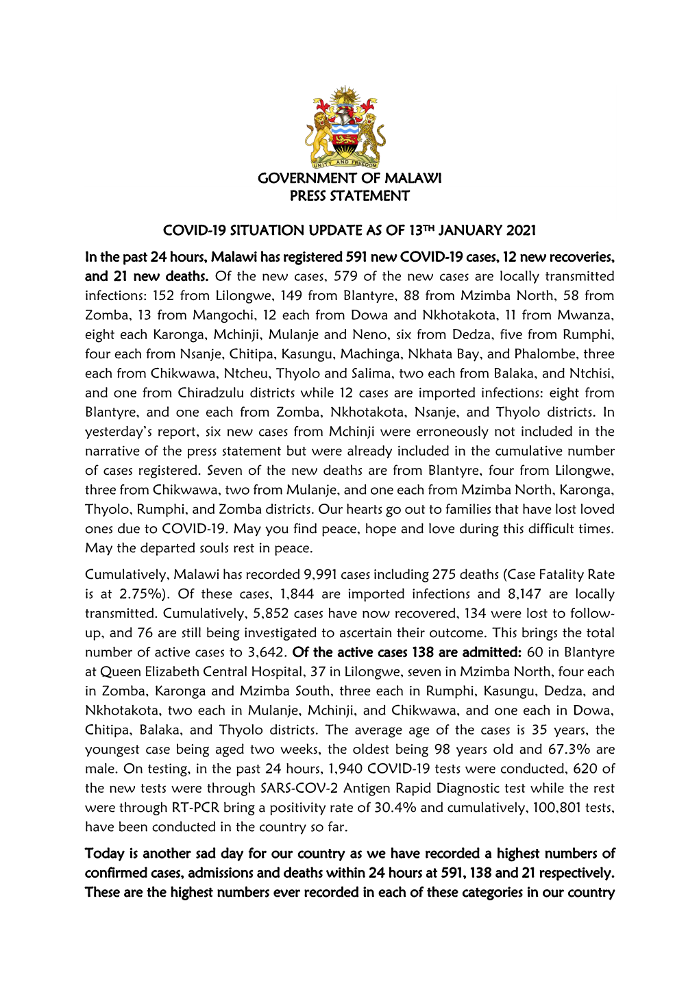 Government of Malawi Press Statement Covid-19