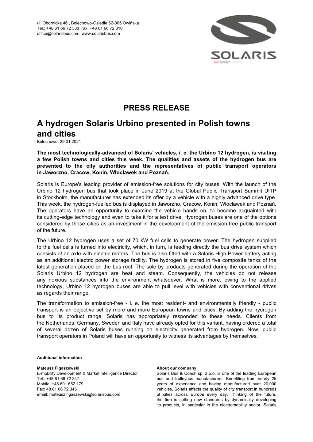 PRESS RELEASE a Hydrogen Solaris Urbino Presented in Polish Towns and Cities