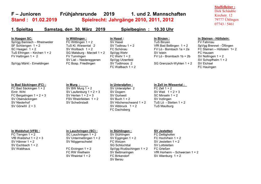 F – Junioren Frühjahrsrunde 2019 1. Und 2. Mannschaften Kirchstr