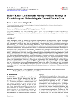 Role of Lactic Acid Bacteria-Myeloperoxidase Synergy in Establishing and Maintaining the Normal Flora in Man