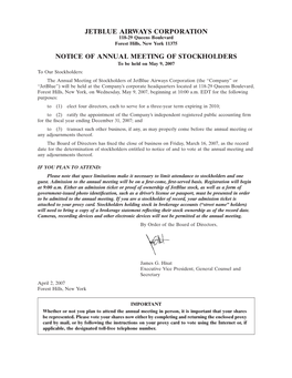 Jetblue Airways Corporation Notice of Annual Meeting Of