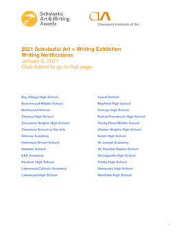 2021 Scholastic Art + Writing Exhibition Writing Notifications January 5, 2021 Click School to Go to That Page