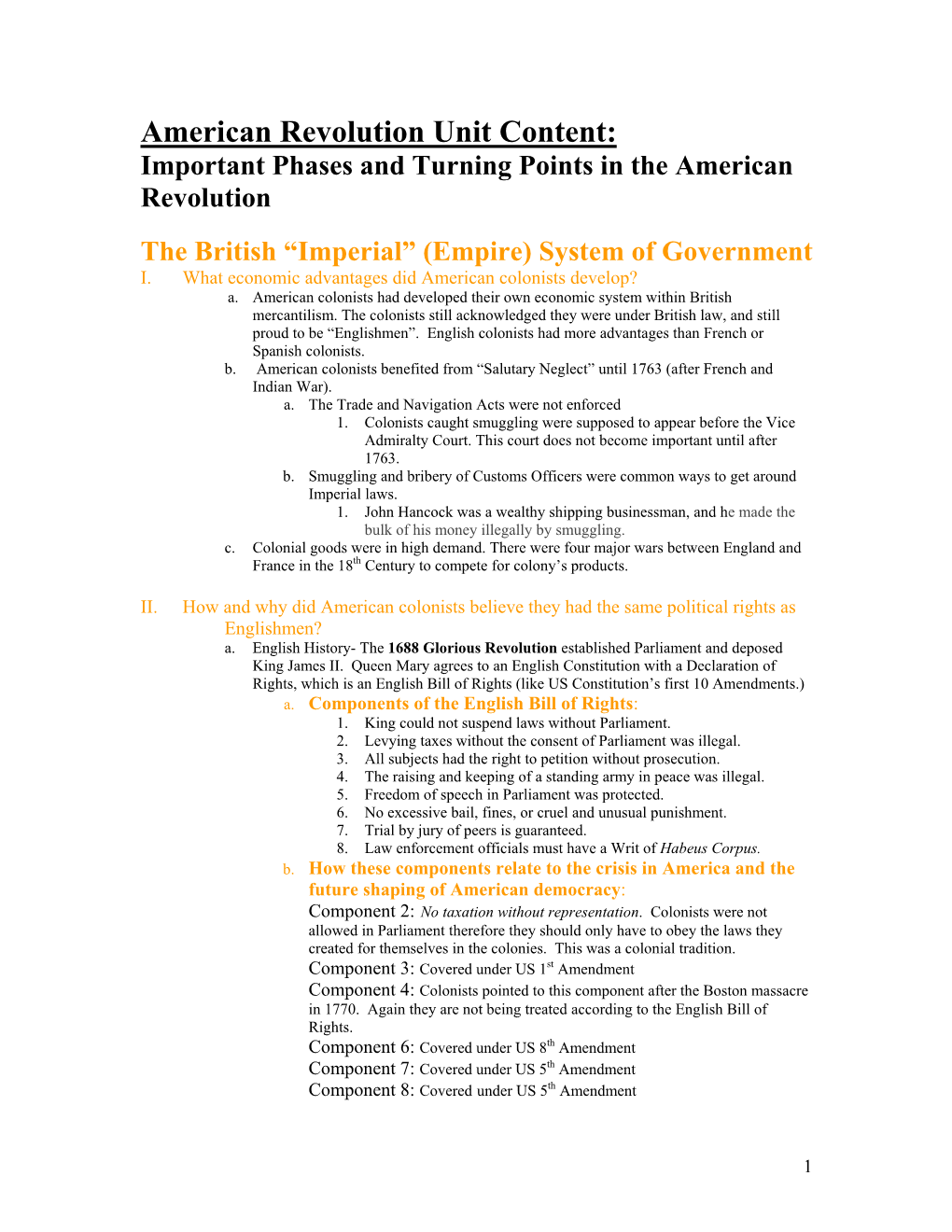 American Revolution Unit Content: Important Phases and Turning Points in the American Revolution