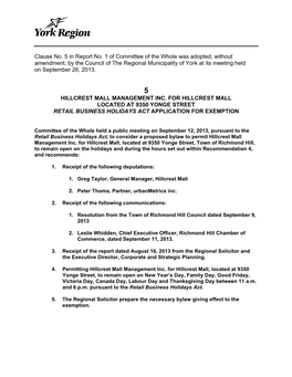 Hillcrest Mall Management Inc. for Hillcrest Mall Located at 9350 Yonge Street Retail Business Holidays Act Application for Exemption