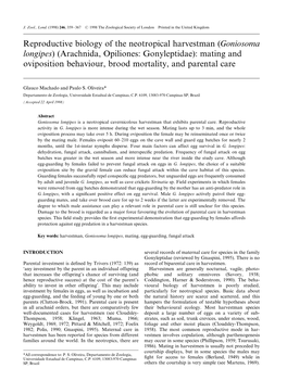 (Goniosoma Longipes) (Arachnida, Opiliones: Gonyleptidae): Mating and Oviposition Behaviour, Brood Mortality, and Parental Care