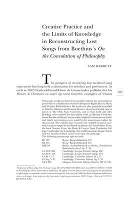 Creative Practice and the Limits of Knowledge in Reconstructing Lost Songs from Boethius's on the Consolation of Philosophy