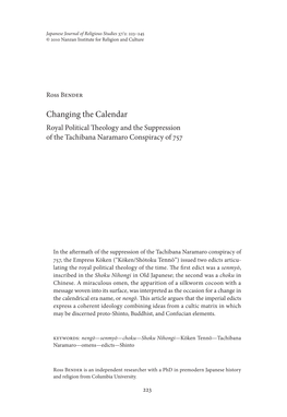 Changing the Calendar Royal Political Theology and the Suppression of the Tachibana Naramaro Conspiracy of 757