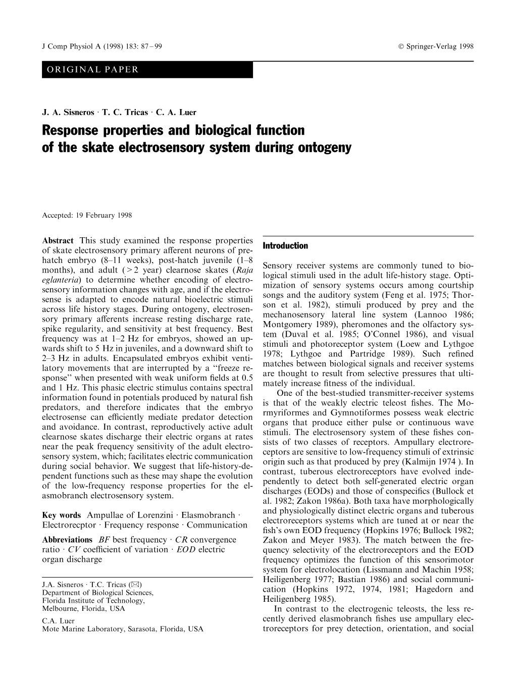 Response Properties and Biological Function of the Skate Electrosensory System During Ontogeny