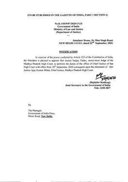 Orders of Appointment of Shri Justice Sanjay Yadav, Sr. Most Judge Of