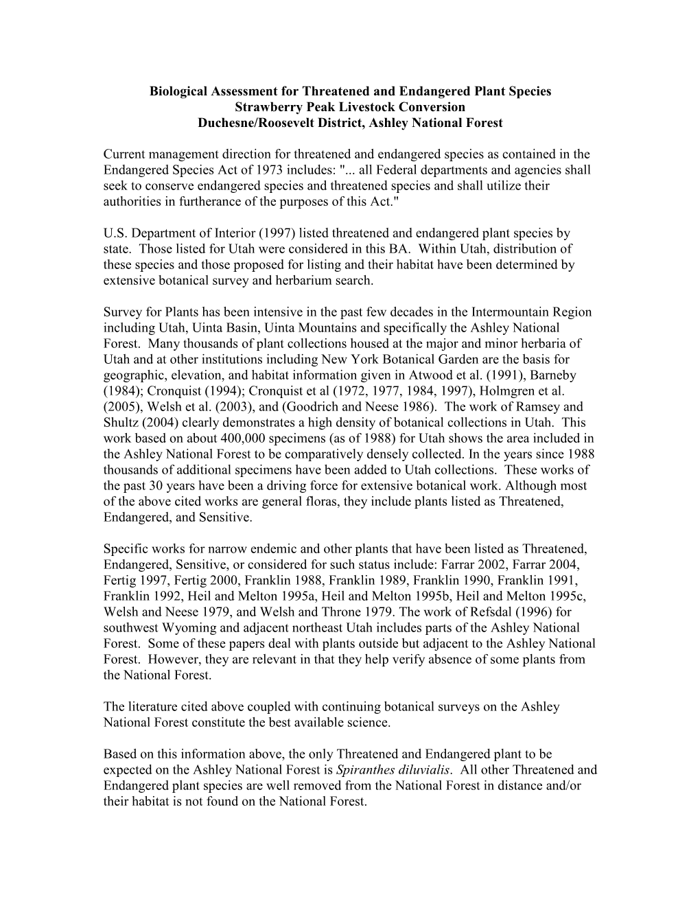 Biological Assessment for Threatened and Endangered Plant Species Strawberry Peak Livestock Conversion Duchesne/Roosevelt District, Ashley National Forest