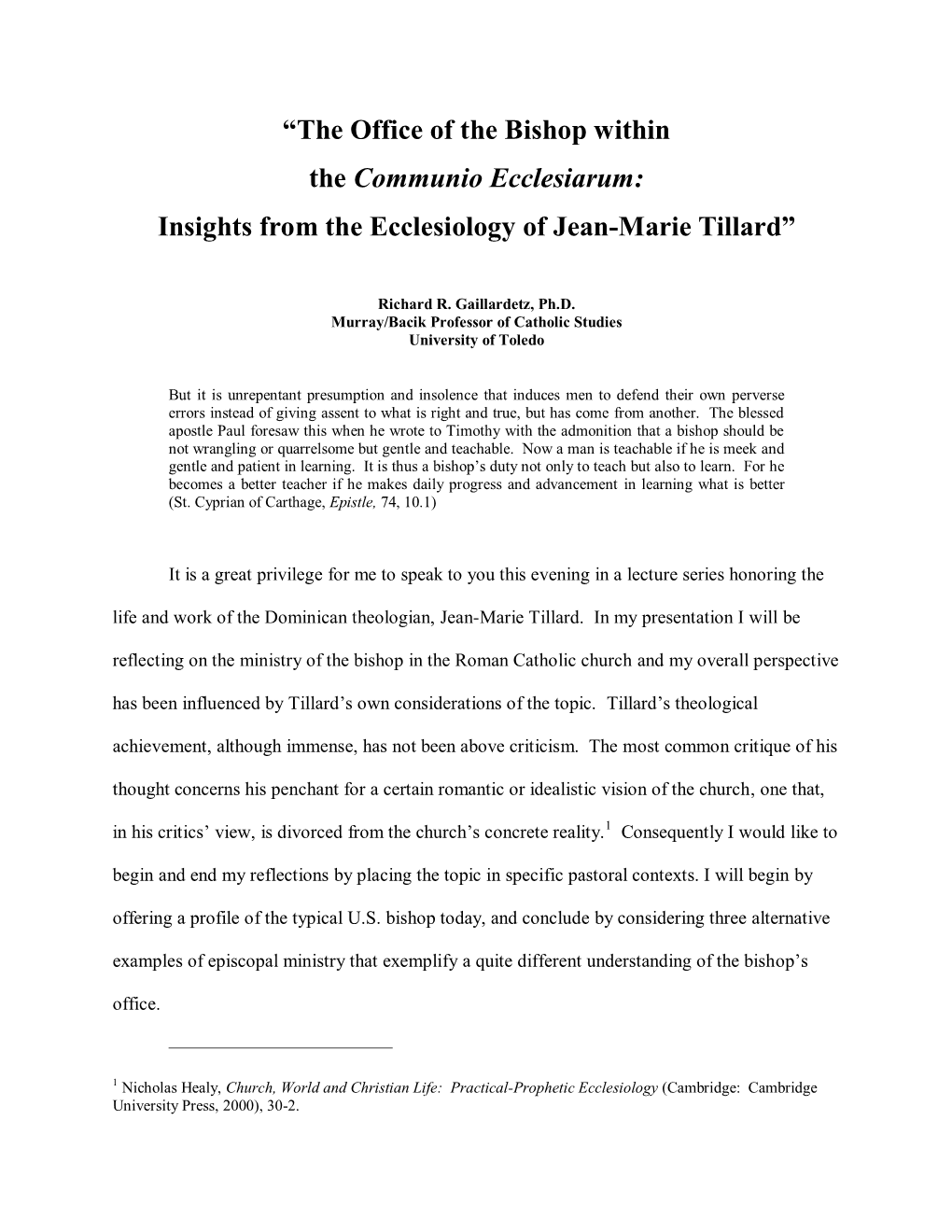 “The Office of the Bishop Within the Communio Ecclesiarum: Insights from the Ecclesiology of Jean-Marie Tillard”