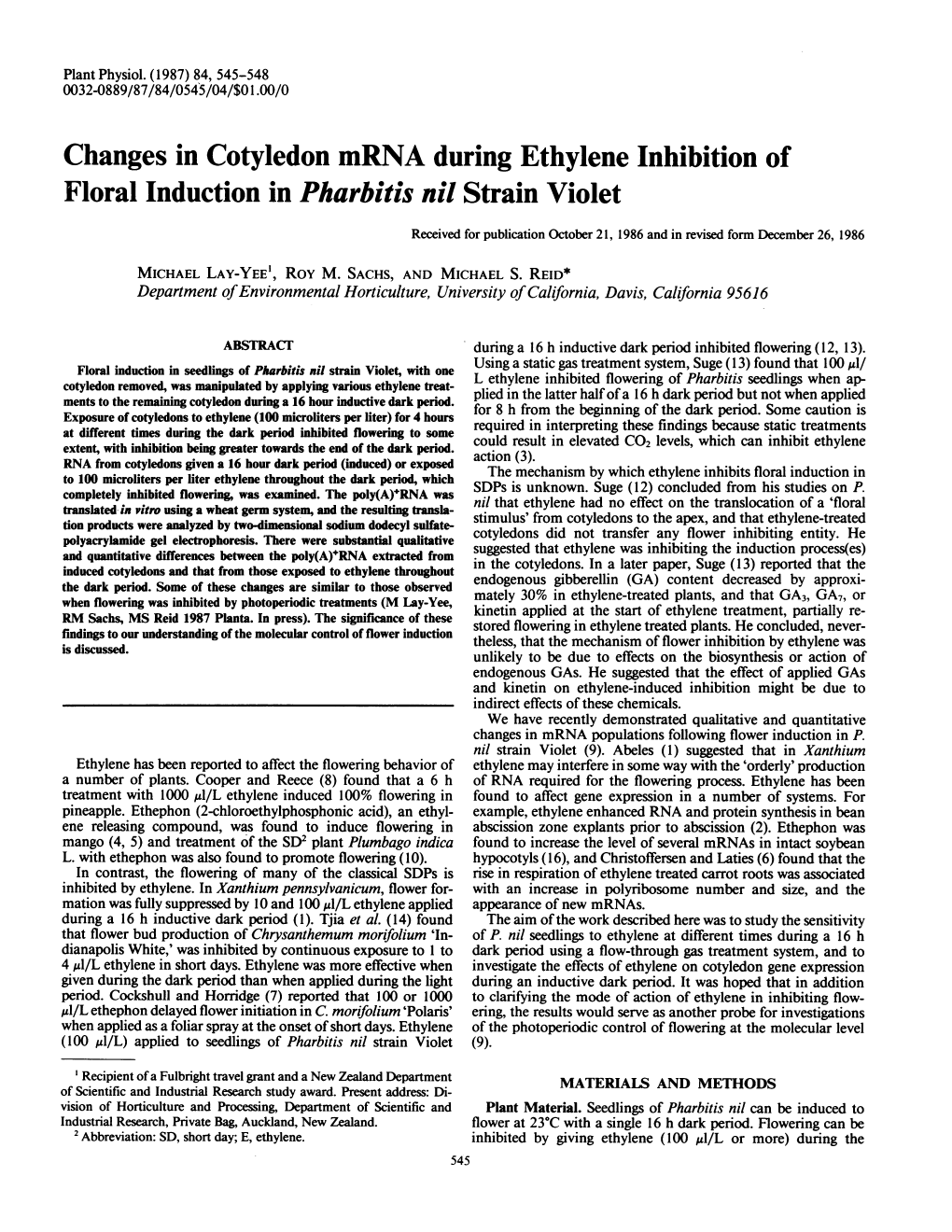 Changes in Cotyledon Mrna During Ethylene Inhibition of Floral Induction in Pharbitis Nil Strain Violet