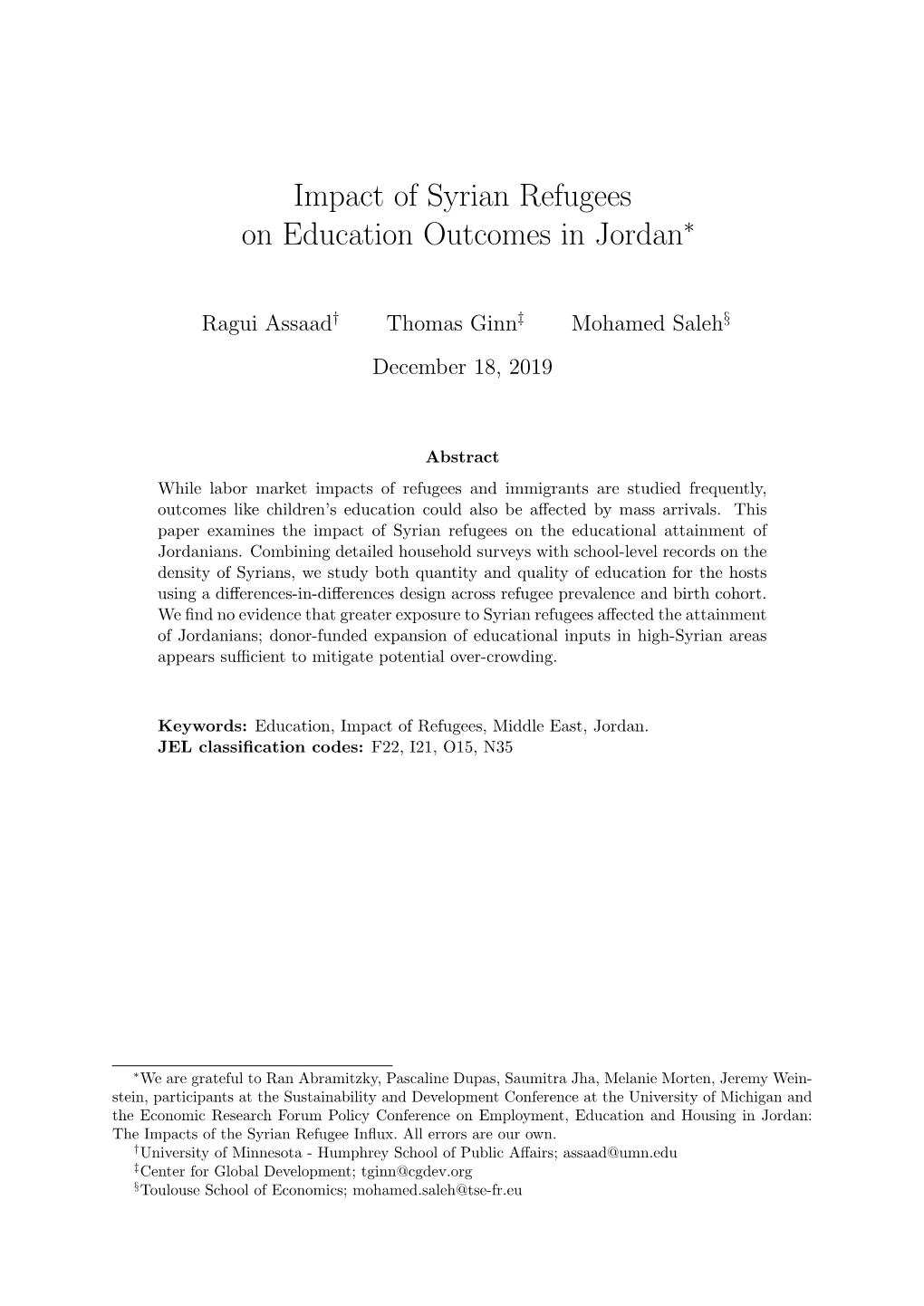 Impact of Syrian Refugees on Education Outcomes in Jordan⇤