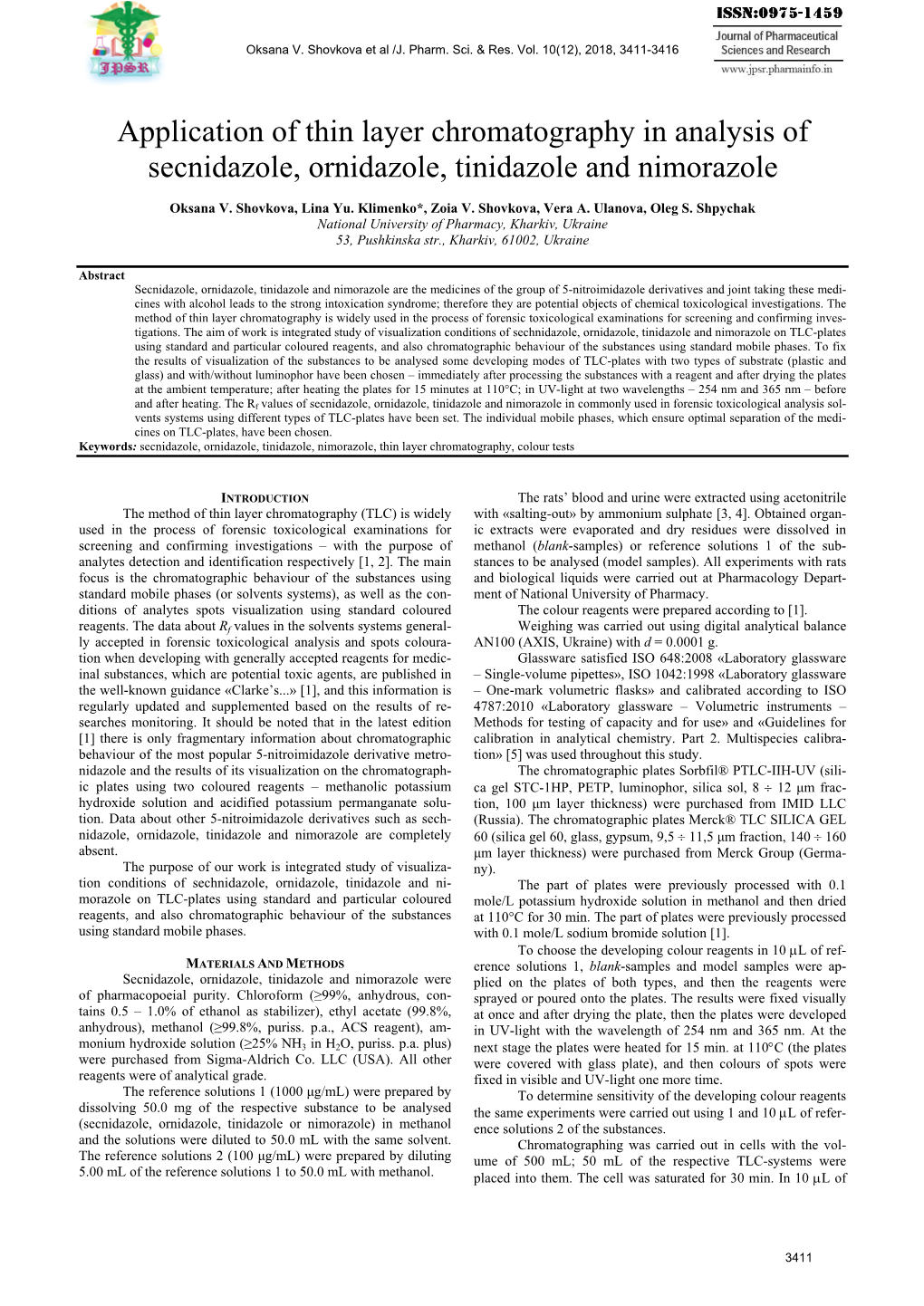 Application of Thin Layer Chromatography in Analysis of Secnidazole, Ornidazole, Tinidazole and Nimorazole