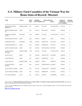U.S. Military Fatal Casualties of the Vietnam War for Home-State-Of-Record: Missouri