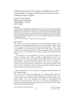 A Reconsideration of the Origin and Migrations of the Atyap People of Zangon Kataf Local Government Area of Kaduna State, Nigeria